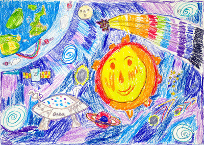 在太空中。太阳系。儿童铅笔手绘。
