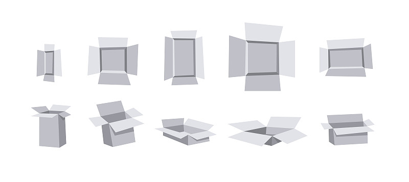 纸箱打开和关闭的回收盒。卡通风格插图交付包装。平面平面设计转发剪辑艺术。矢量集合模型隔离在白色背景