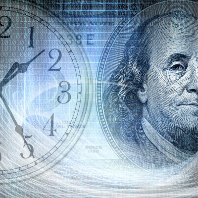 二进制代码的概念形象与钟面和金钱