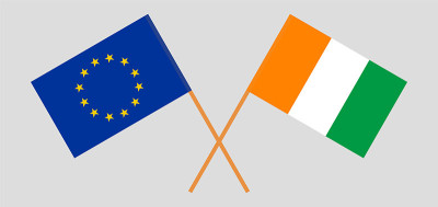 Crossed flags of the EU and Republic of Ivory Coas