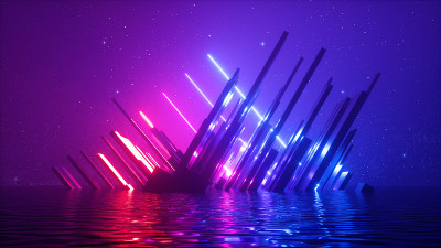 3d渲染，抽象的宇宙背景霓虹灯，星空和水