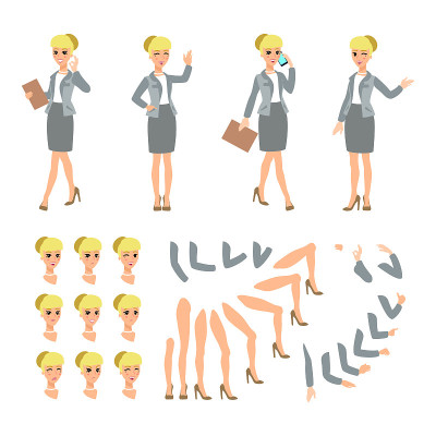 动画商人的性格。年轻的女士人物构造师。不同的女人姿势，脸，腿，手。矢量动画的人。