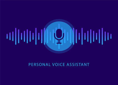 个人语音助理。语音识别。声波和麦克风按钮。智能技术。