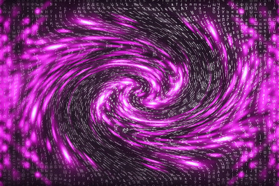 粉色矩阵数字背景。扭曲的网络空间的概念。人物落入虫洞。入侵矩阵。虚拟现实设计。复杂的算法数据黑客。粉