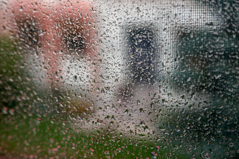 背景有窗户，电线和雨