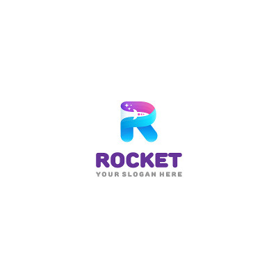 彩色的R字母与火箭和星星在负空间。