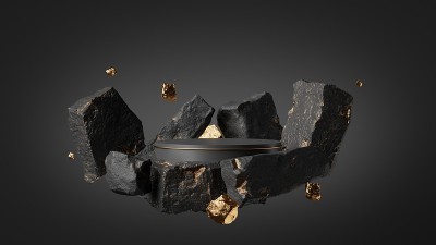 3d渲染，抽象背景与黑色岩石卵石废墟和金块悬浮。现代的最小展示柜与空的讲台的产品介绍