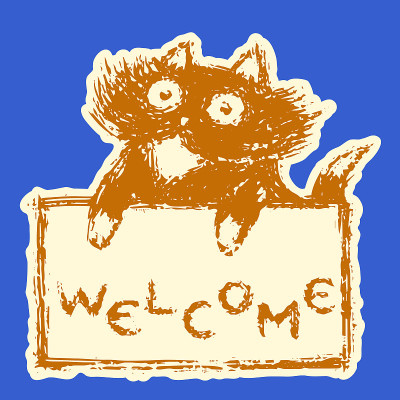 可爱的毛皮友好的猫与平板欢迎。矢量插图。