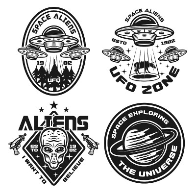 Ufo和外星人矢量标志，标签，徽章或标识在复古单色风格孤立在白色背景