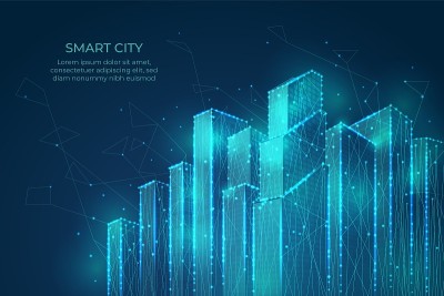 技术背景。建筑形状，智能数字技术城市景观。流线点网络连接，未来新矢量横幅