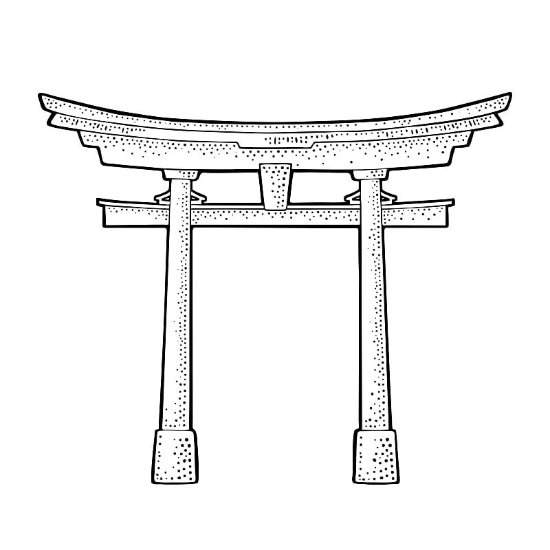 传统的日本鸟居。复古黑色矢量雕刻