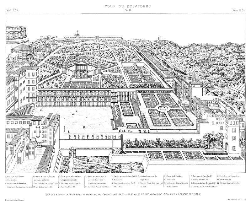 梵蒂冈宫的内部建筑，花园和附属建筑，以及圆顶鼓在希克斯图斯五世在1565年，由梵蒂冈1882年