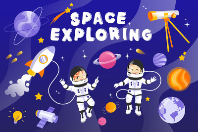 男和女宇航员与行星，恒星，火箭，宇宙飞船和不同的宇宙项目。两个快乐的角色在太空装备微笑。矢量卡通风格