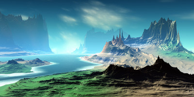 Alien Planet. Mountain and lake. 3D rendering