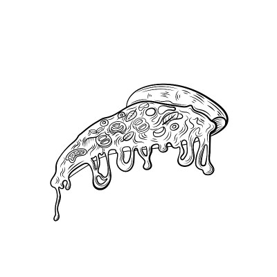 矢量切片披萨，手绘雕刻复古风格插图，黑色线条，轮廓披萨孤立。