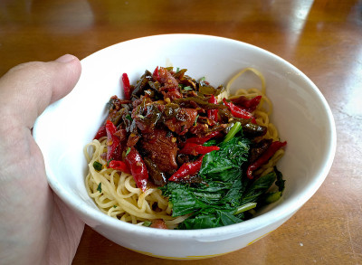 印尼的食物。辣的鸡肉面条。与蔬菜和红辣椒片一起盛在碗里。在一张木桌上。非常美味可口
