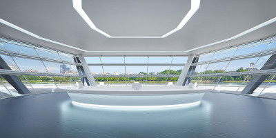 现代商业区，白色前台。3 d
