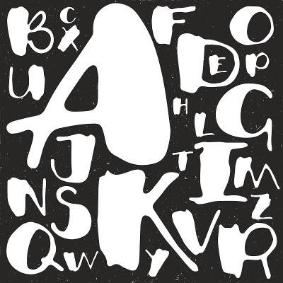 字母表卡通涂鸦白色字母对黑色。艺术字体设置