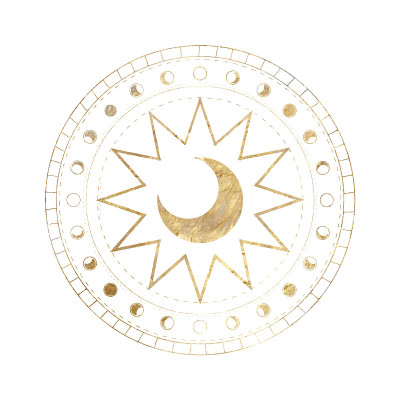 别致的金色豪华复古雕刻风格。太阳和月亮相的图像。神秘主义的文化。矢量图形