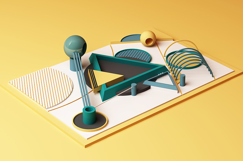 设计以黄色和绿色调的几何孟菲斯风格的形状组成。3 d渲染图