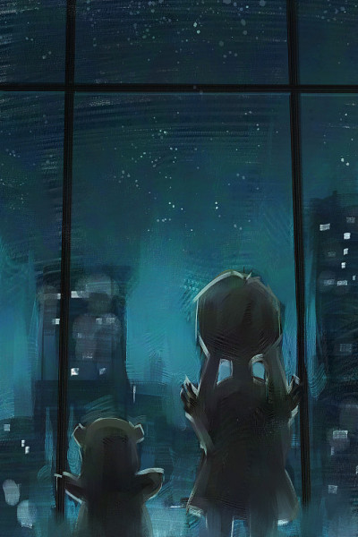 数字艺术绘画的女孩站在窗口与泰迪熊和看星星，讲故事的插图