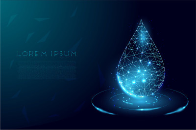 水滴。低聚风格设计。线框灯连接结构，3d图形概念。矢量图