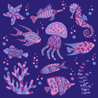 手绘一套海鱼
