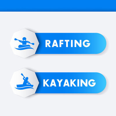 Kayaking, rafting icons, banners, labels in blue