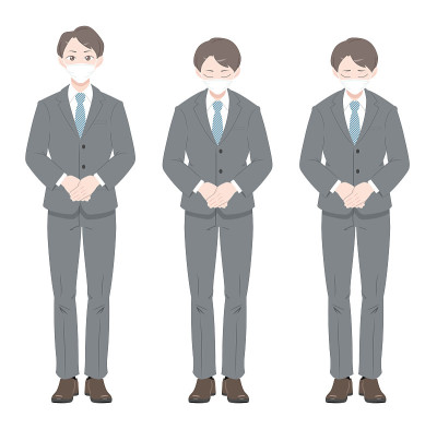 一个穿西装的男人打招呼的插图。戴面具的人。白色背景。