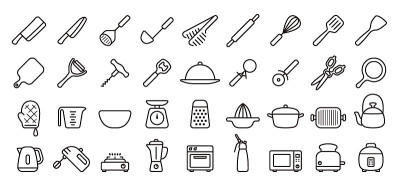 厨房用具和工具图标集(细线版)