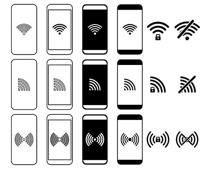 一套智能手机wifi图标。手机wifi标志符号。无线信号设计概念。