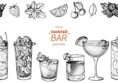 酒精鸡尾酒手绘矢量插图。鸡尾酒素描集。雕刻风格。