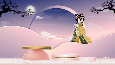 中秋与仙女嫦娥，中国的月亮女神与兔子玉，向量3D讲台在粉红色的金色圆柱站在大理石地板上。东亚传统庆典