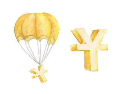 人民币正在降落伞上飞行。水彩插图。