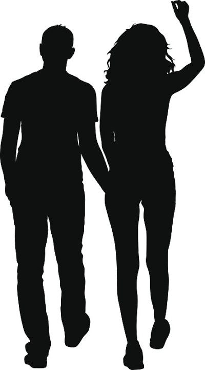 一对男人和女人在白色的背景上剪影。矢量图