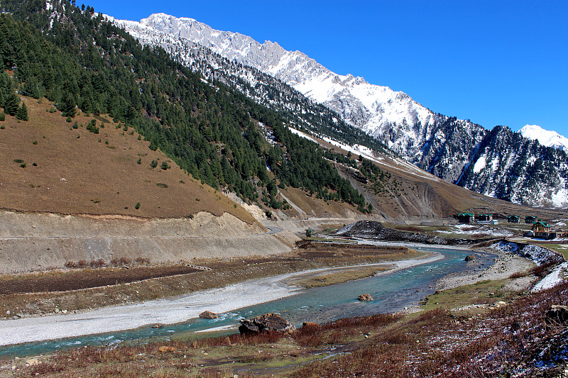 冬季雪山山谷在克什米尔，印度。