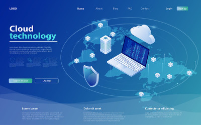 云计算的概念。云存储等距矢量图。网络计算技术。