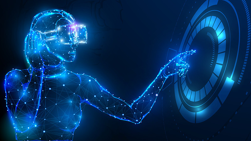 人们佩戴VR眼镜触摸虚拟HUD仪表盘全息图技术创新概念设计