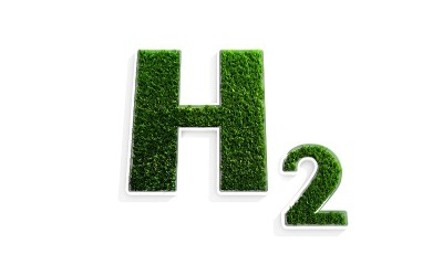 环保清洁氢能概念。新鲜的春天草地上的3d氢气图标