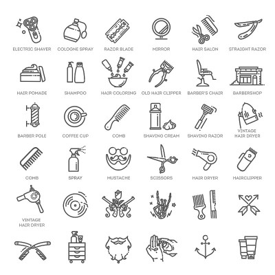 理发店矢量图标设置。矢量图