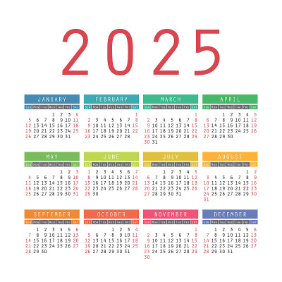 日历2025年。英文彩色矢量方口袋或墙压延机模板。孩子的颜色。时髦的设计。一周从周日开始