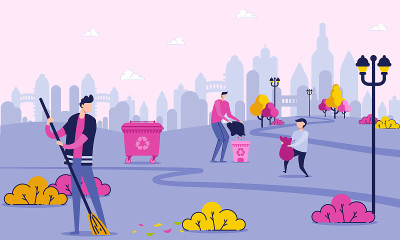 志愿者角色清理城市附近的公园。