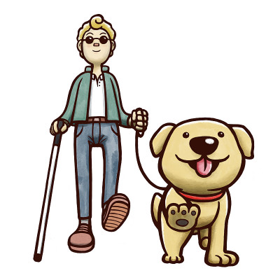一个带着导盲犬的盲人。孤立在白色背景上。