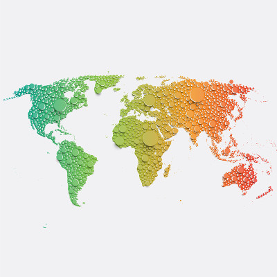 彩色的世界地图由球和线，矢量插图
