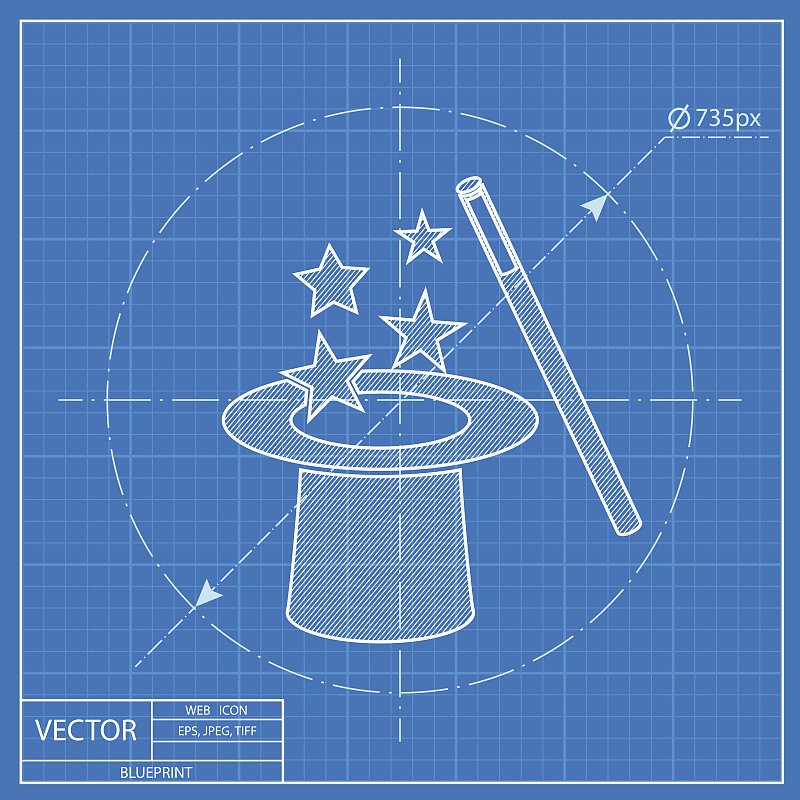 带有闪耀蓝图图标的矢量魔法帽和魔杖