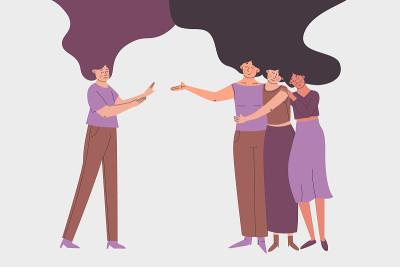 可爱的女人拥抱和牵手。向生活困难的妇女提供心理援助的协会。插图为海报，横幅，励志文章。