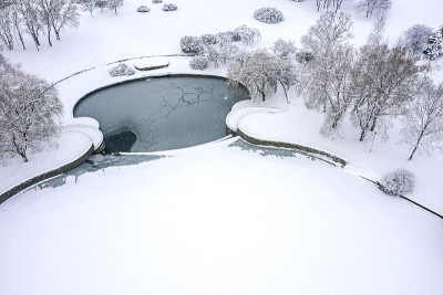 冬天的风景与结霜的树木覆盖着雪和瀑布在城市公园。无人机鸟瞰图