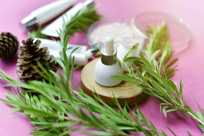 化妆品瓶容器包装与绿色草药叶子，有机品牌模型的空白标签，天然护肤美容产品的概念。