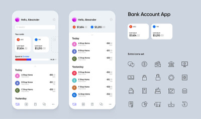 银行应用用户界面(UI)智能手机与额外的图标集。金融投资工具。向量。