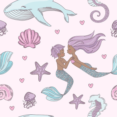 HAPPY COUPLE Mermaid Seamless Pattern Vector Illus